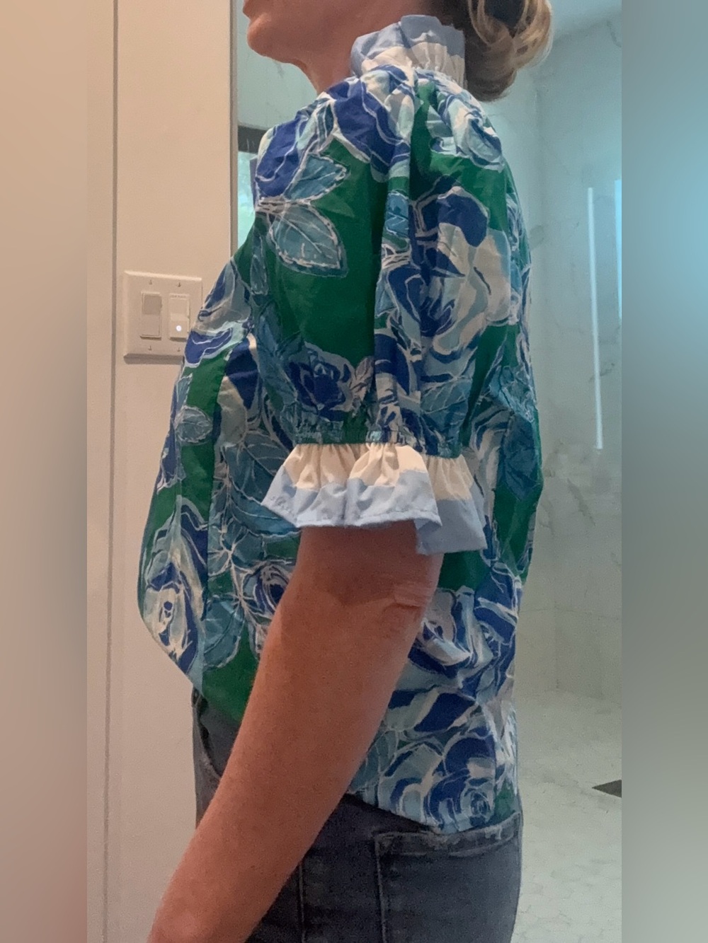 entro Green & Blue Floral Ruffle-Trim Puff Sleeve Blouse - Picture 6 of 6